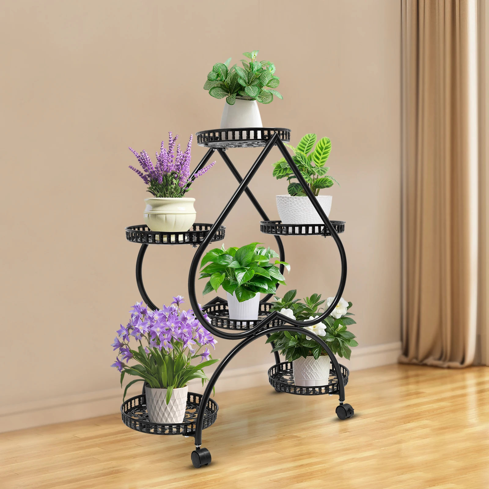 

6 Potted Metal Plant Stand Heart-shaped Flower Pot Stand 6 Trays Plant Display Rack Plants Holder w/ 4 Universal Wheels