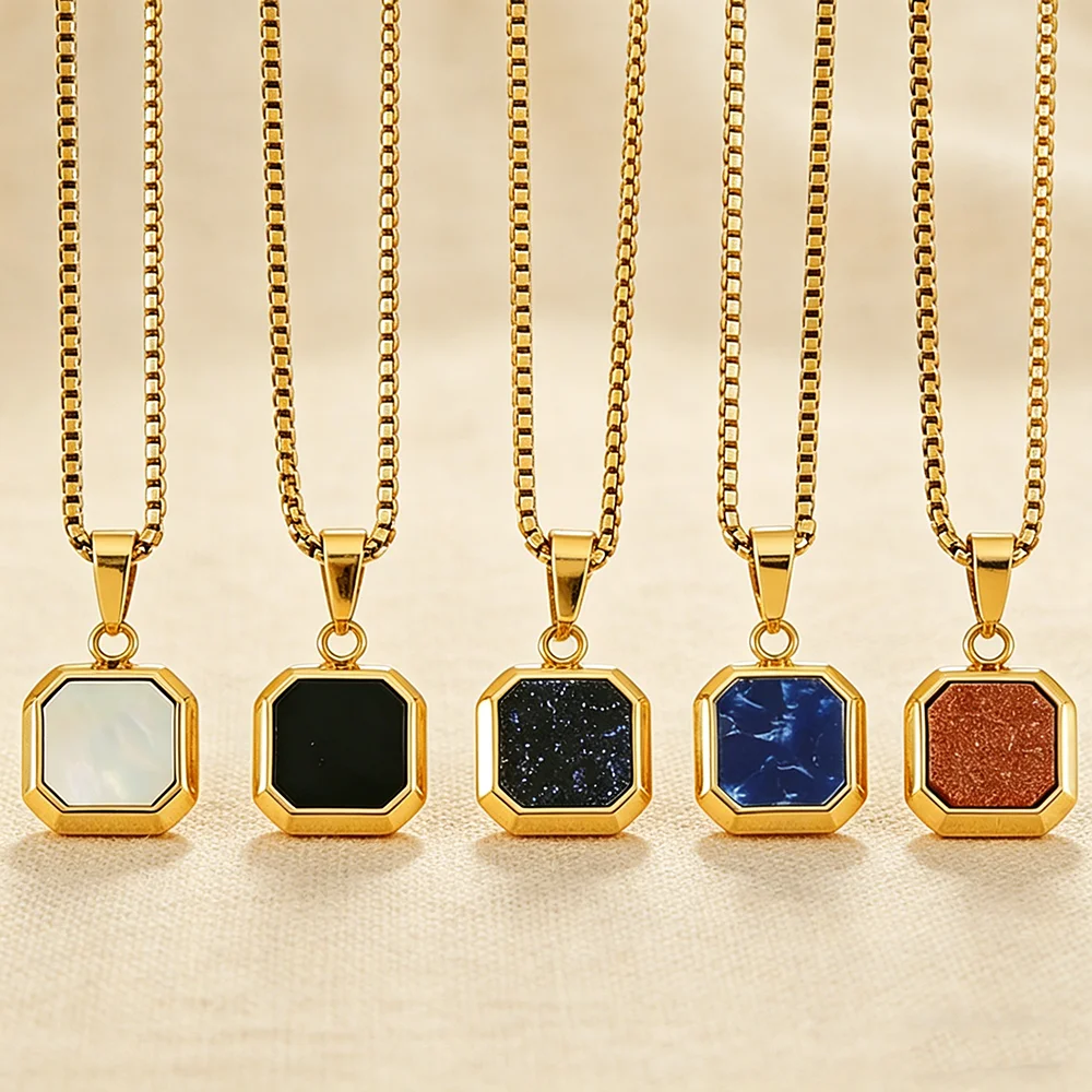 Minimalist Turquoise Stone Tarnish Free 18K Gold Plated Stainless Steel Octagon Pendant Necklace Hip Hop Jewelry for Bulk Sale
