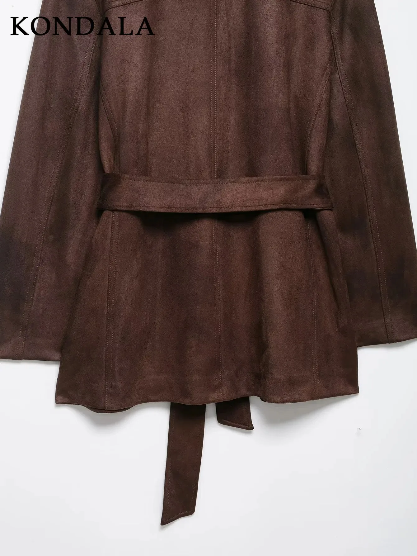 KONDALA 2025 معاطف نسائية لخريف وشتاء من جلد الغزال باللون البني ملابس خروج أنيقة للسيدات بياقة مقلوبة معاطف واحدة الصدر #4