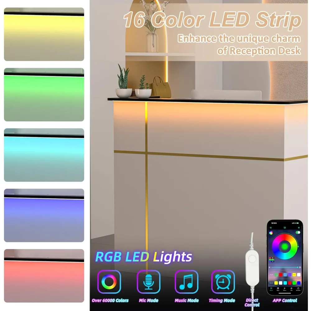 مكتب أمامي حديث مع عداد، وخزائن تخزين، وعداد خروج مقاس 50 بوصة مضاء بإضاءة LED لمنطقة الاستقبال الفعالة