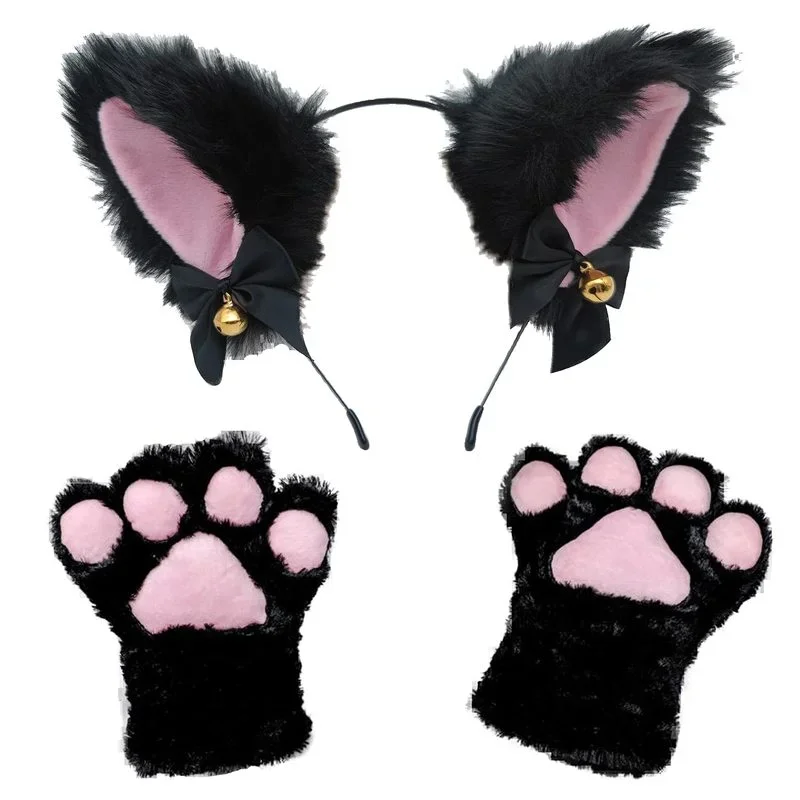 Cat Ear Gloves Set Claw Gloves Girls Anime Cosplay Costume Plush Cat Fur Ear Hairband Gloves Night Party Club Anime Props