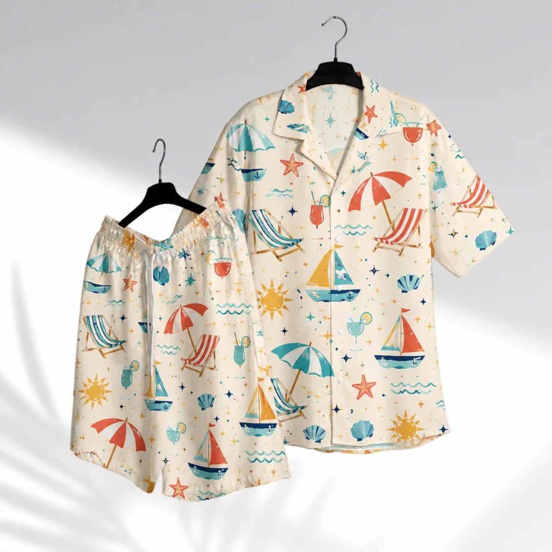 Men Hawaiian 2‑Piece Set Beach Umbrella Sailboat Sun Print Short Sleeve Shirt+Drawstring Shorts Summer Vacation Outfit
