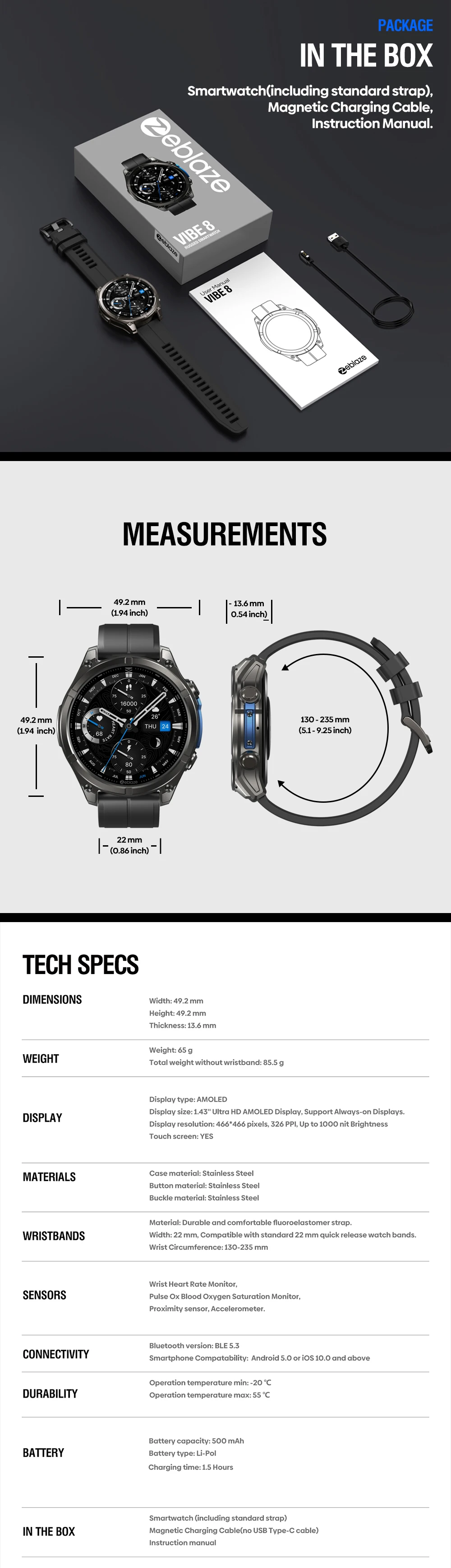 Neue Zeblaze VIBE 8-AMOLED-Display, integrierte Taschenlampe, Smartwatch, Saphirglas, Anrufe machen/empfangen, HR/BP-Überwachung, Smartwatch – Detail 6