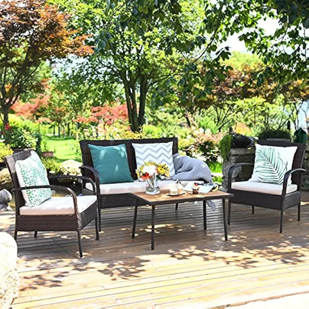 

Garden furniture set, 4 PCS Patio Rattan Furniture Set, Outdoor Conversation Set w/Cushions & Acacia Wood Coffee Tabletop