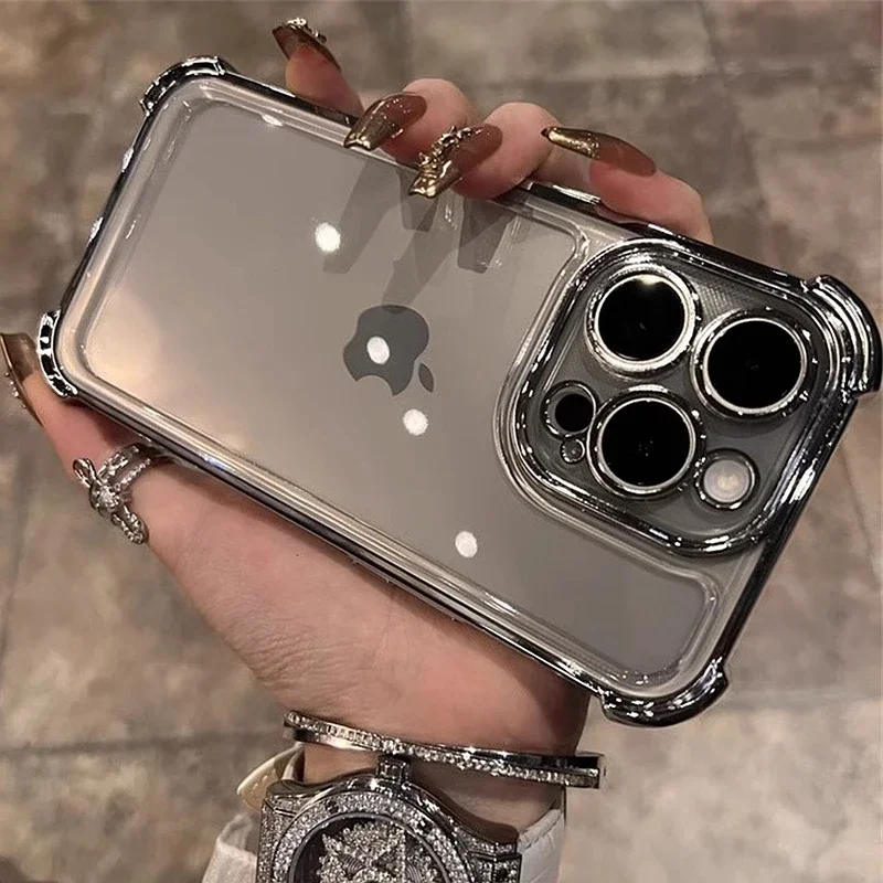 Luxury Electroplate Transparent Phone Case For iPhone 11 12 13 14 15 16 Pro Max Plus Clear Bumper Shockproof Protection Cover