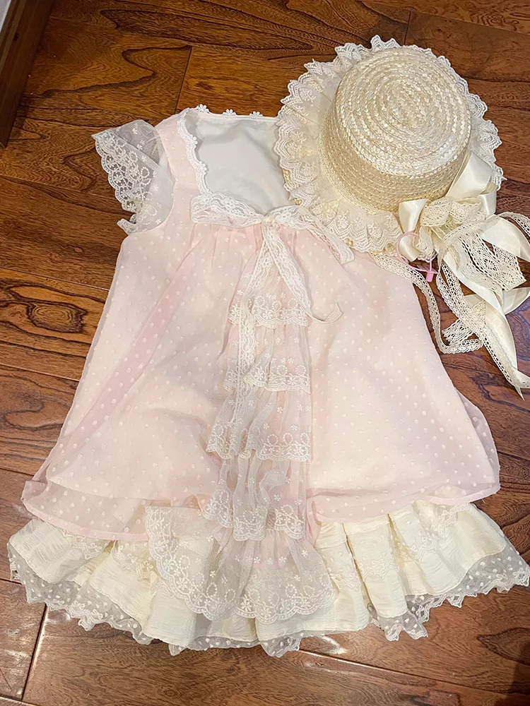 2025 Summer Pink Sweet Lace Patchwork Set Women Flying Sleeve Top + High Waisted Skirt Suit Princess Fairy Two-Piece Set 2025