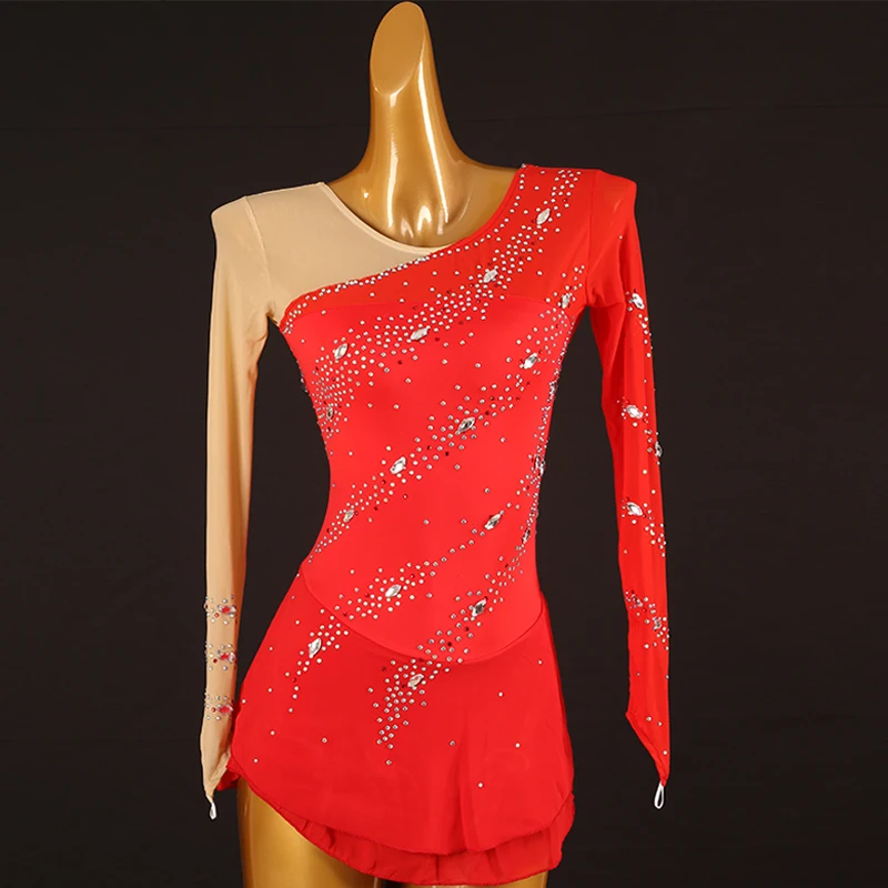 Figure Skating Dress Women girl Ice Skating Dress Gymnastics Costume custom red  crystal rhinestone  B240