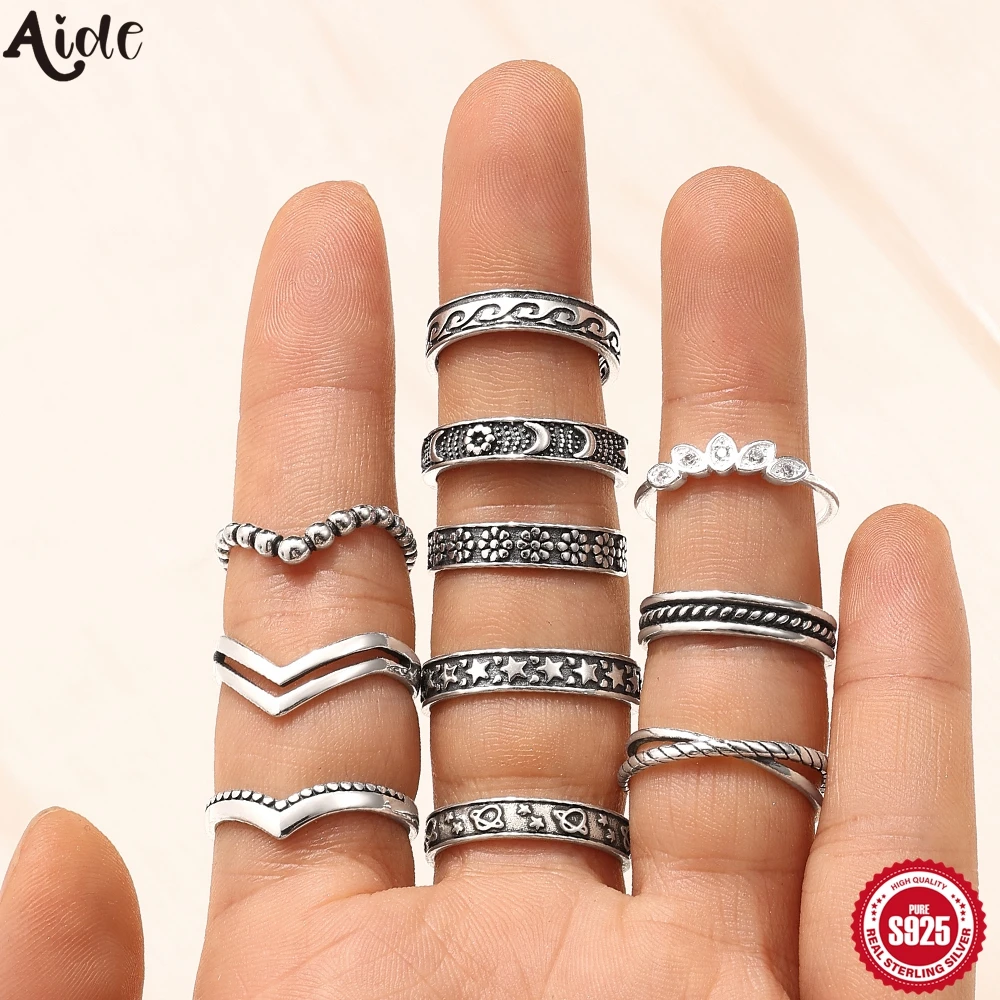 Aide 925 Sterling Silver Punk Gothic Auspicious Clouds Star Ring for Women Black Vintage Silver Plated Rhinestone Finger Jewelry