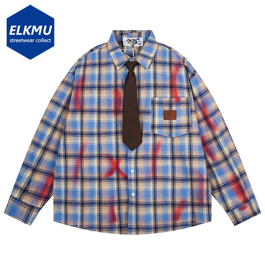 

Vintage Plaid Shirts with Necktie Streetwar Harajuku Hip Hop Oversized Shirts Button Up Blouse Casual Loose Varsity Shirts