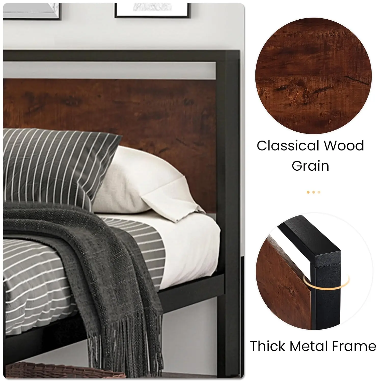 14 Inch Full Size Metal Platform Bed Frame with Wooden Headboard and Footboard, Mattress Foundation, No Box Spring Needed, Large