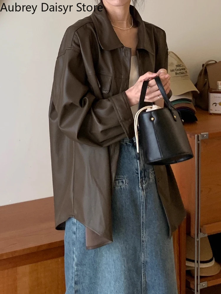Jaqueta de couro marrom para mulheres, blazer de couro falso, Parkas casual coreano, jaqueta fina de motociclista moto streetwear punk, verão, nova