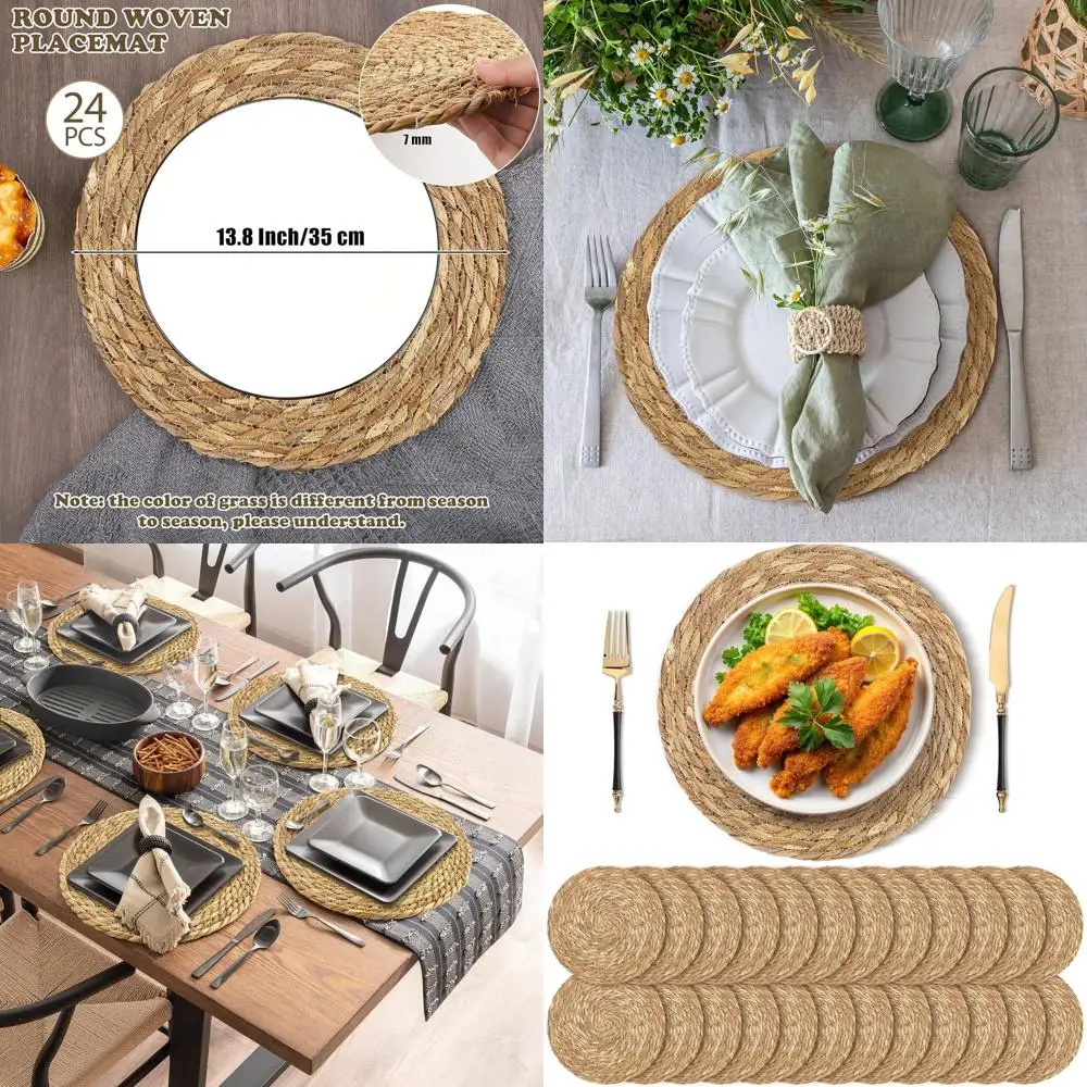 

24-Pack 13.8 Natural Bulrush Woven Placemats, Handcrafted Bohemian Rattan Table Mats for Farmhouse Dining