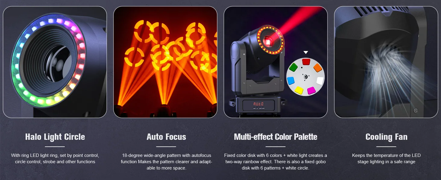 Yiflamefly 150W LED Moving Head DJ-Licht 7 Farben+7 Gobos+3 Prismen RGBW DMX Bühnenlicht für Bar, Disco, Hochzeit, Party, Konzertbeleuchtung – Detail 6