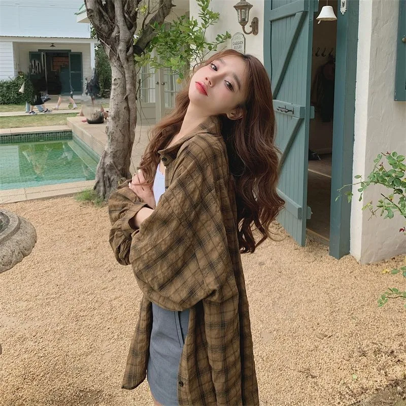 Vintage Plaid Shirts Women Slouchy Ulzzang New Spring Summer Loose Students Preppy All-match Chic Female Outerwear Midi Mujer