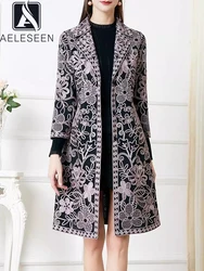 AELESEEN Vintage Long Trench For Women Autumn Winter Turn-down Collar Sequined Flower Embroidery Elegant Retro Long Coat