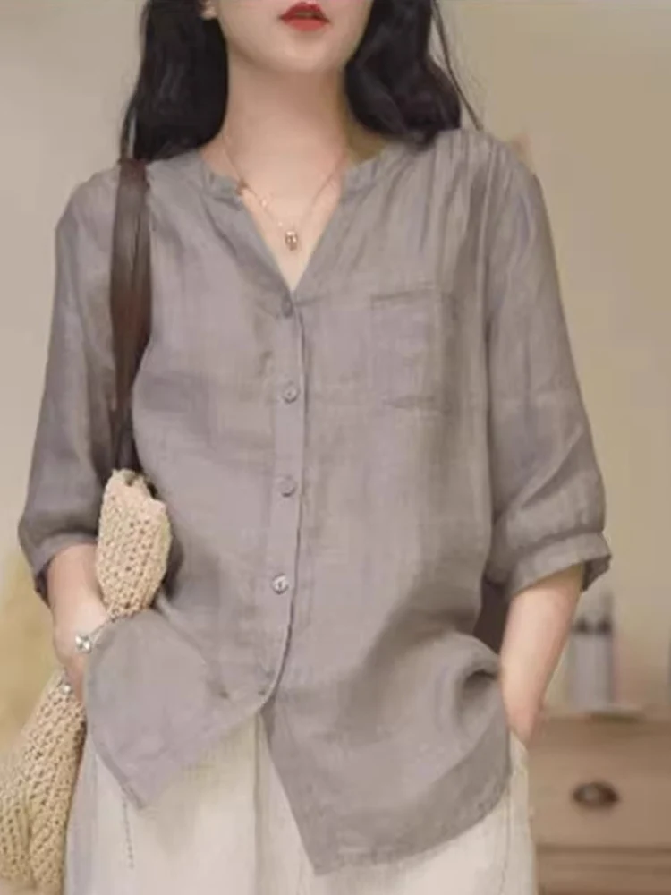 Retro linho algodão irt feminino verão solto fino ajuste casual cinco sve v-ne pequeno topo confortável respirável material fino