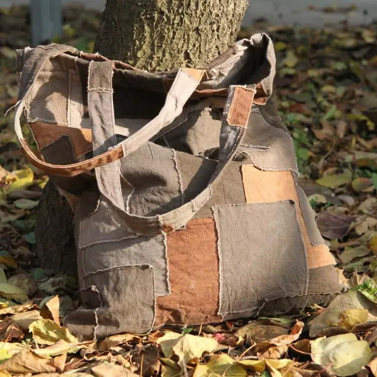 WasteLand Persimmon Dyed Patchwork Bag Ragged Blue Dyed Eco-friendly Bag Ancient Plant Dyed Cotton and Linen Handmade Backpack