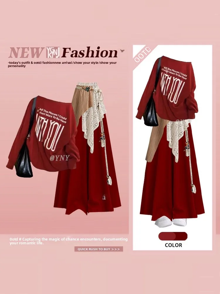 

Retro Red Hong Kong Sle Women's Winter New Year Letter Top Skirt Pants Tee-piece Set Slimming Meat Covering Aosphere Se...