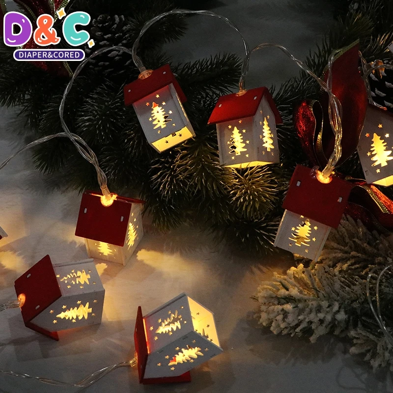 1Pcs Christmas Wooden House LED String Light Xmas Tree Hanging Ornament Decoration New Year Gift