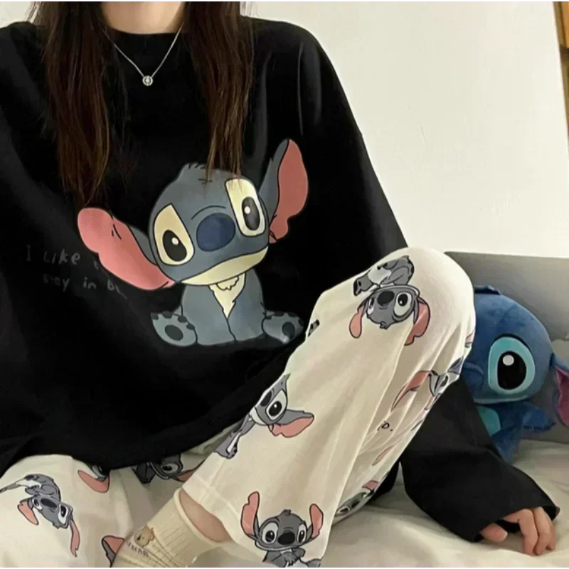 Disney Stitch ฤดูใบไม้ร่วงผ้าฝ้ายใหม่แขนยาวกางเกง 2 ชิ้นชุดสตรีชุดนอนชุดนอนผ้าไหมผู้หญิง loungewear ชุด