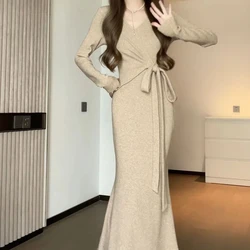 Knitted Dress Women Autumn Winter Now Corset Lacing Long Sleeves Mermaid Dress V-Neck Graphic Elegant Vintage Knitted Dress 2024