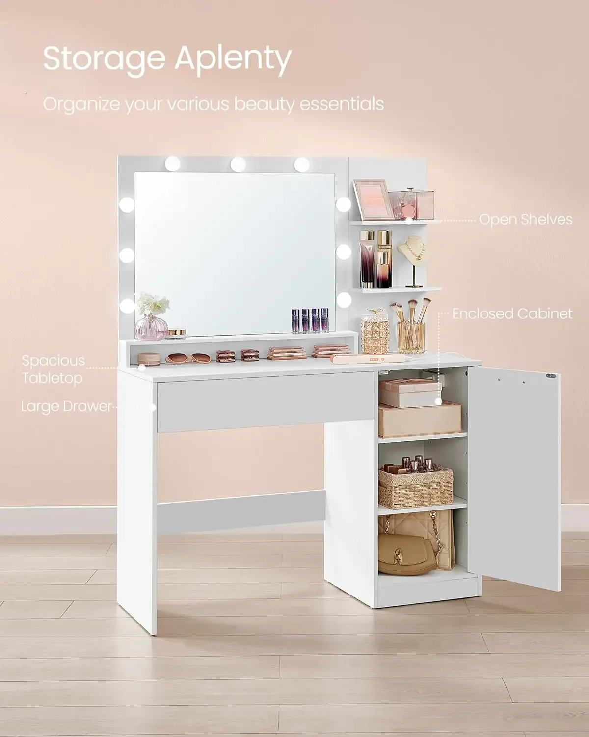 Vanity Desk with Mirror and Lights, 43.3-Inch Wide Makeup Vanity with Upholstered Vanity Stool