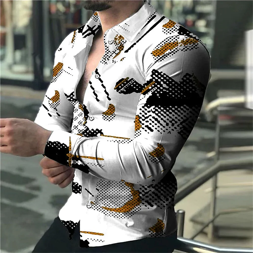 New Men\'s High Quality Luxury Prom Fashion Social 3 D Line Graph Print Polo Button Fashion Designer Long Sleeve Men\'s Shirt 2023