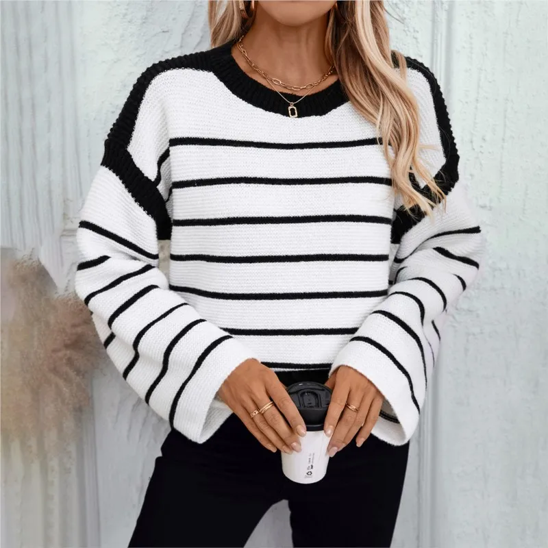 Maglione lavorato a maglia a maniche lunghe a righe bianche nere per l'autunno inverno da donna nuovo maglione pullover allentato girocollo Ropa Mujer