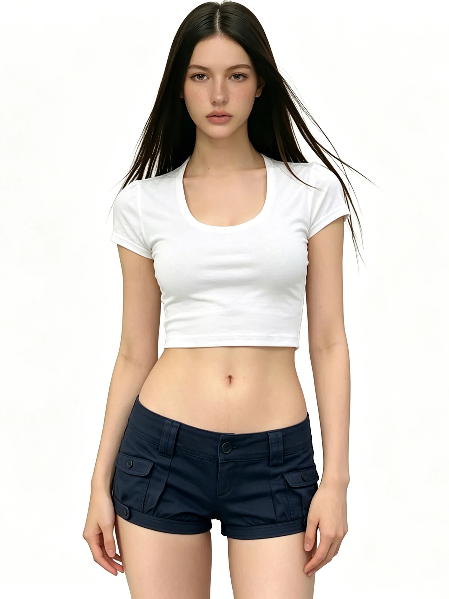 Funoff American Retro Blue Multi-Pocket Low Waist Straight Leg Shorts Street Workwear Style Green Casual Pants Summer