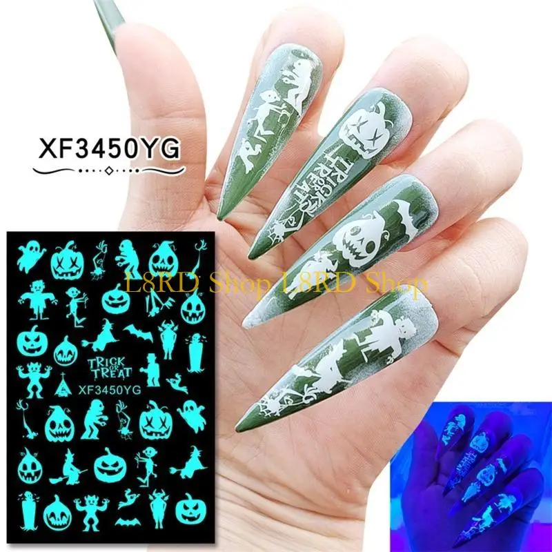 L8RD Adesivo per unghie luminoso Halloween da 12 fogli Adesivi fluorescenti che illuminano buio