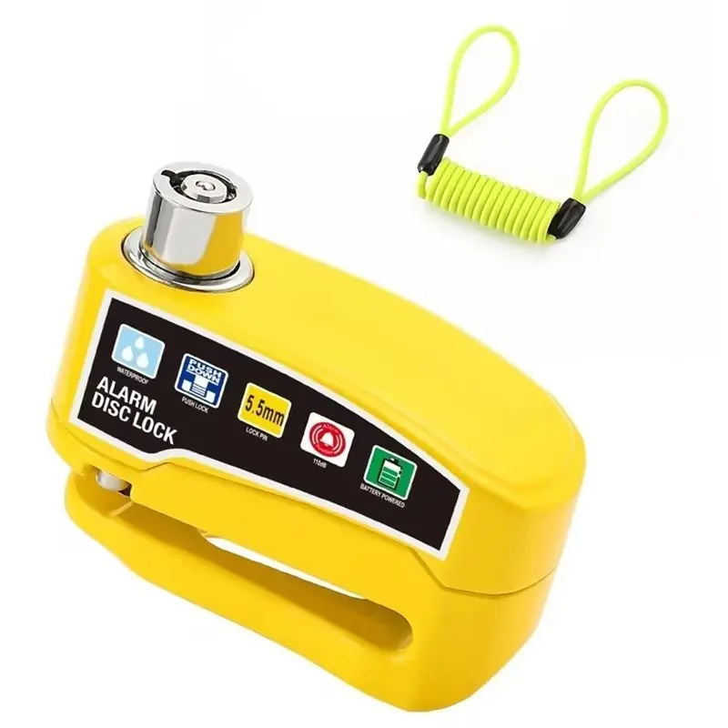 Alarm Disc Lock Theft 110Db Waterproof Bicycle Disc Brake Lock With Reminder Cable Yellow