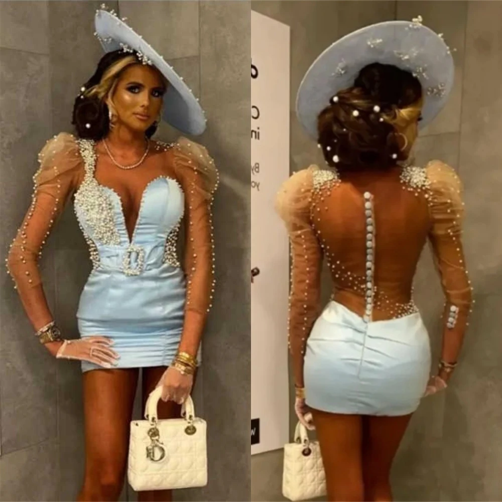 

Customized Delicate Blue Satin Evening Dress Exquisite Crew Neck Long Sleeves Cocktail Dress Modern Buttons Back Party Dress