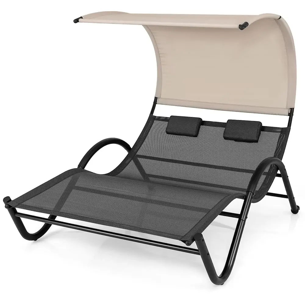 

2 Person Lounge Chair With Canopy, Outdoor Chaise Lounge With 2 Detachable Pillows, Upf50+ Extra Large Double Patio Hammo