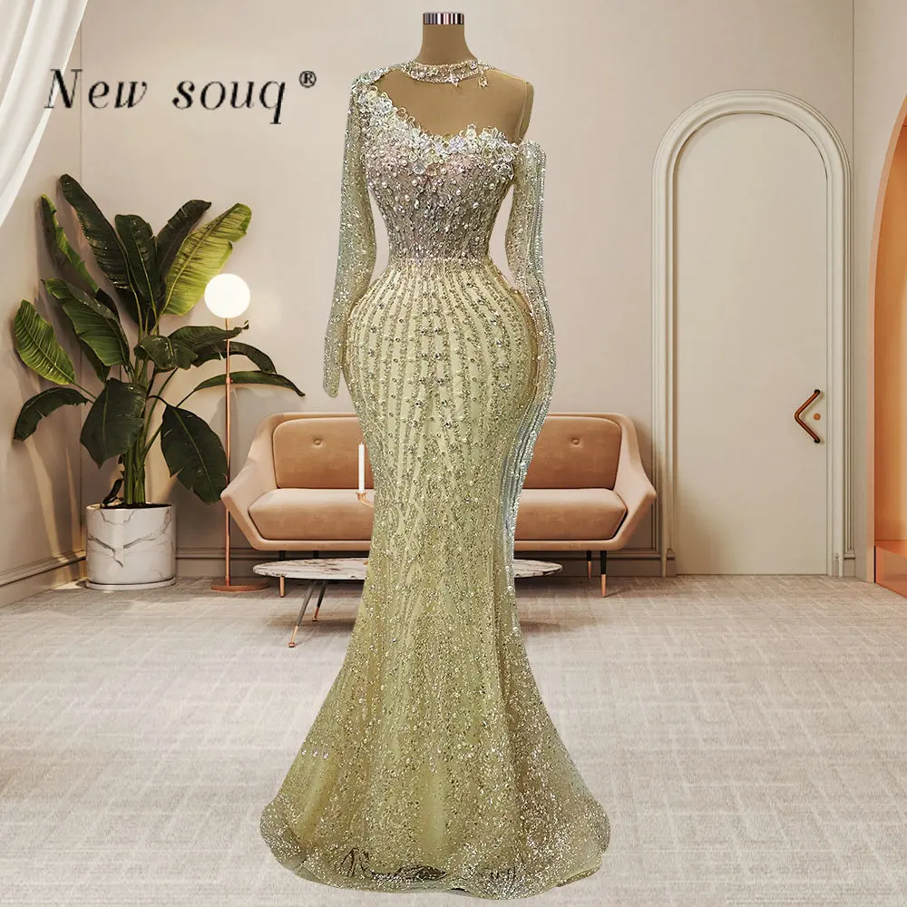 Arabisch Champagne Glittery Moslim Lange Mouwen Avondjurken Sparkle Vrouwen Bruiloft Jurken Dubai Formele Gelegenheid Vestidos