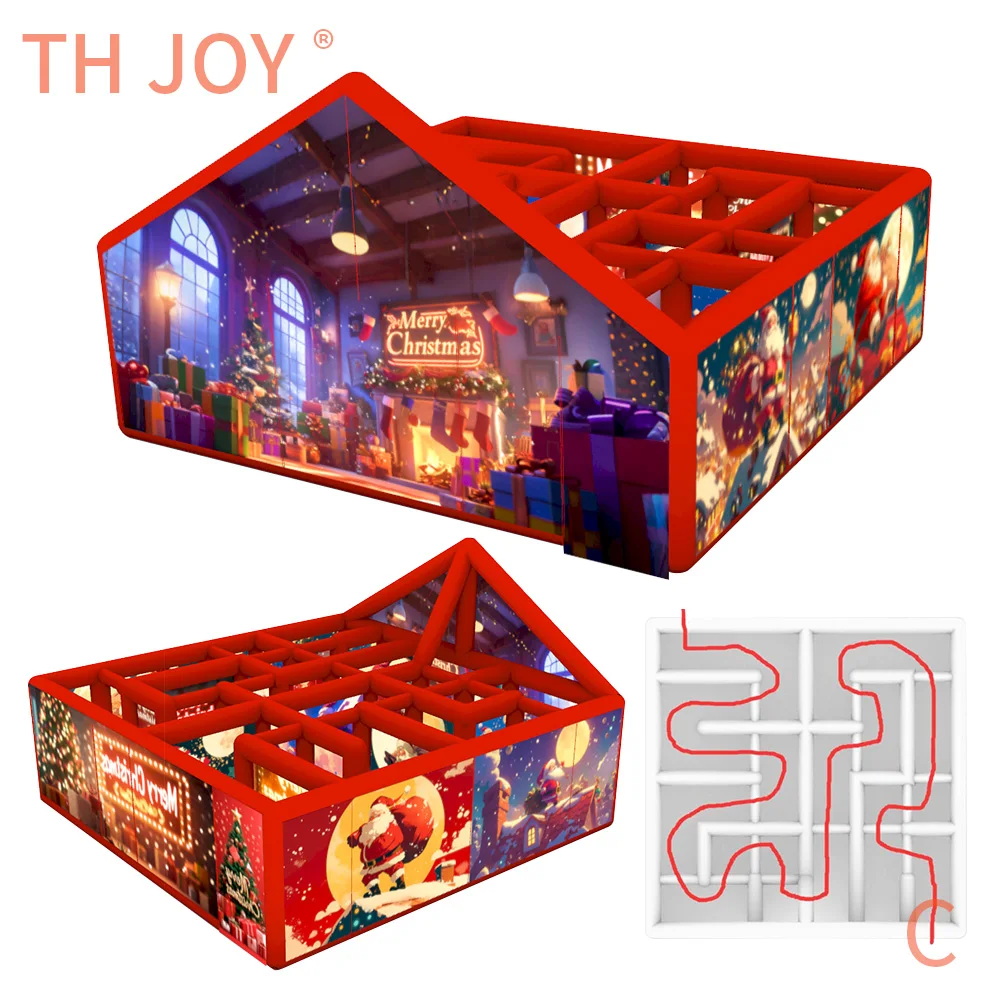 Envío aéreo rápido a puerta, laberinto inflable de Navidad personalizado de 6x6m, laberinto inflable con impresión completa de Navidad, juegos de etiquetas láser