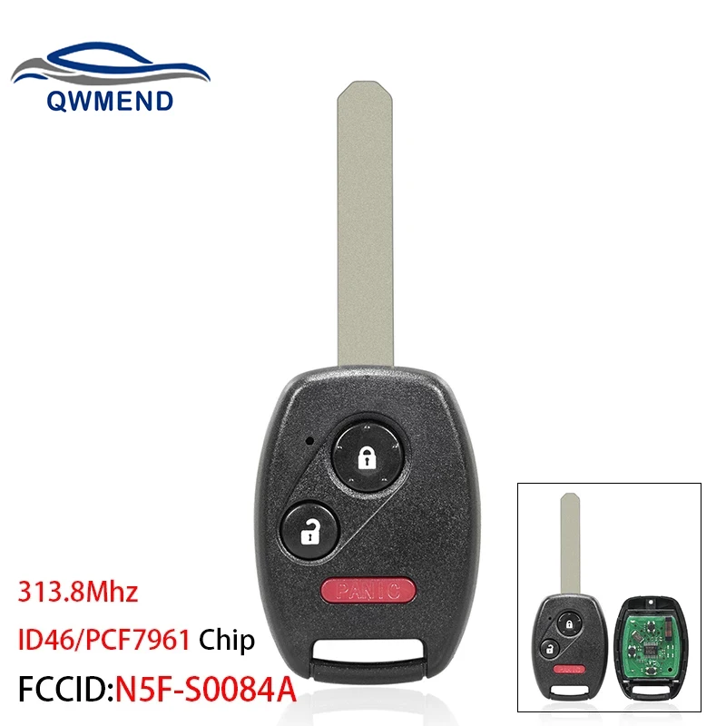 

QWMEND 3 Button Remote Key for Honda CRV Fit Accord CR-Z Civic Odyssey Smart Car Key PCF7961 Chip 313.8Mhz N5F-S0084A