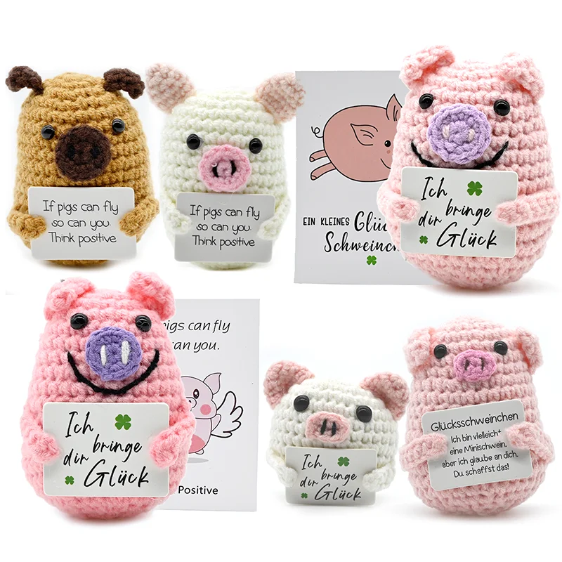 AnimalSeries Positive Energy Cute Pig Crochet Doll Handmade Knitted Decor Ornament with Encouragement Card Mini Desk Decor Gift