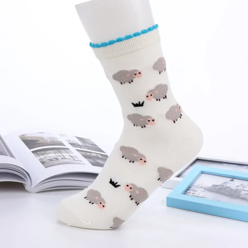 Autumn and Winter Cotton Socks Women\'s Medium Length Socks, Lace Cartoon Female\'s Socks, Cute Sheep Socks,