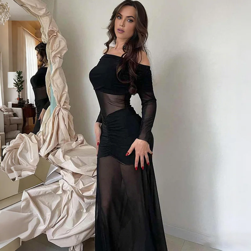 فستان Ticketsx أنيق شفاف من خلال مكشكش سادة بدون أكتاف مرقع عالي الخصر فستان نحيف مثير بدون ظهر للحفلات المسائية #5