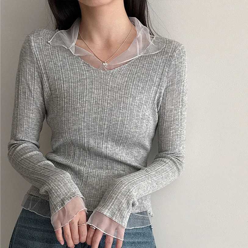 

Women T Shirts Tops Knitted Tees Mesh Spliced Long Sleeves V Neck Slight Strech Slim Fit Office Lady Casual Elegant 2026 Spring