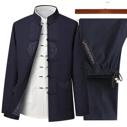 Chinese Traditional Men Tang Suit Tops Pants Hanfu Oriental Embroidery Clothing Sets Casual Kung Fu Tai Chi Uniform