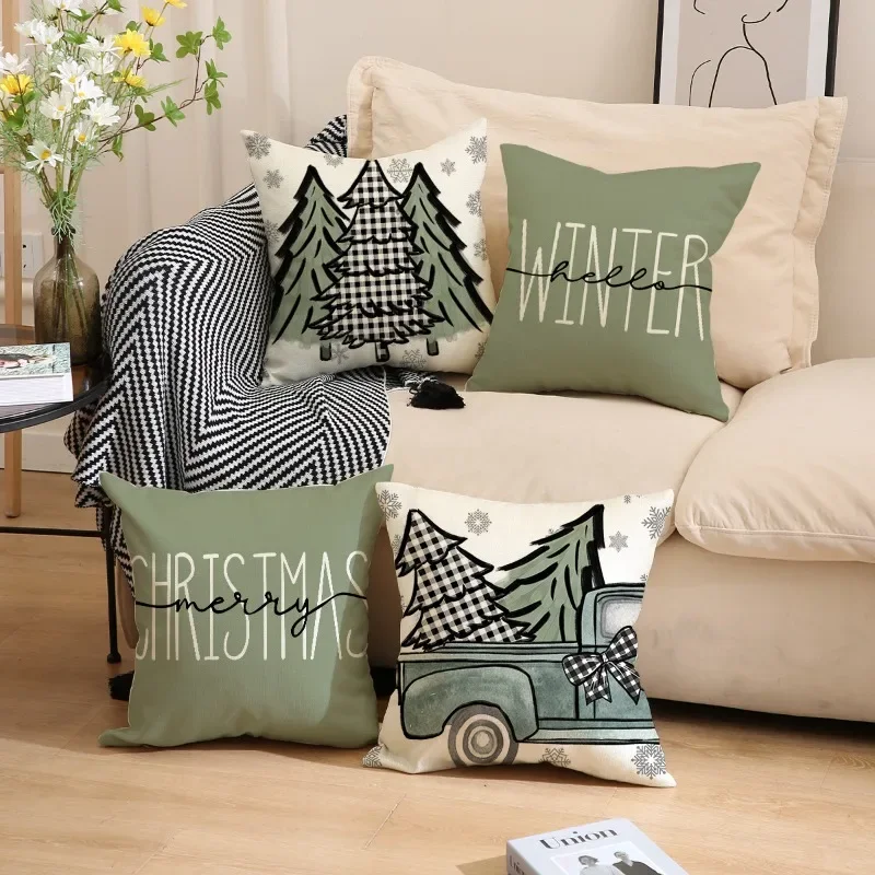 

Christmas Pillow Covers 45x45cm of 4 for Party Decorations, Retro Christmas Trees Holiday Ornament Throw Pillows Cases