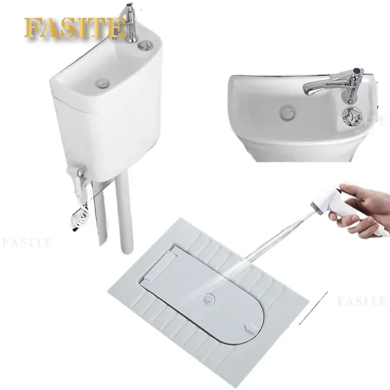 For Household Ceramic Squatting Toilet with Cover Plate Automatic Deodorizer Hand Washing Water Tank Set Pit Type Bathroom
