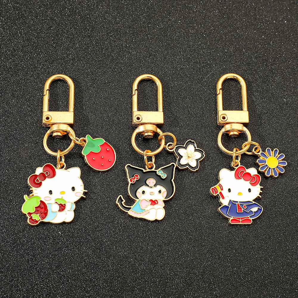 Sanrio Kuromi Alloy Keychain Keyring Hello Kitty Flower Pended Cute Metal Charm Ornament Friend Festival Party Jewelry Gift