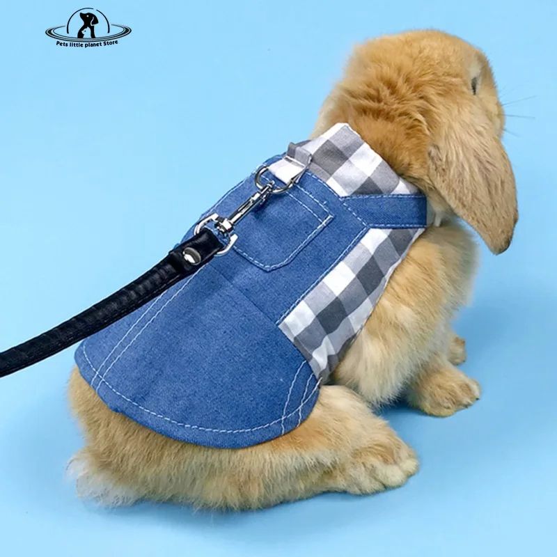 Pet Rabbit Clothes Denim Coat Small Animal Harness Leash Vest Bag Hat Set for Ferret Bunny Hamster Small Pet Supplies