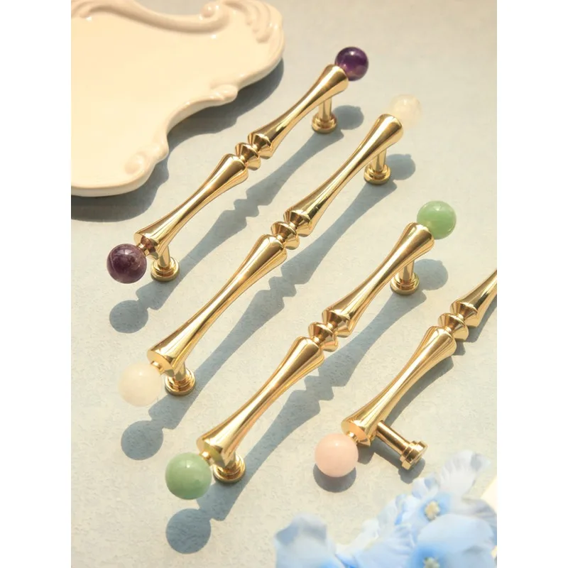 Light Luxury Natural Stone Crystal Brass Cabinet Puller Minimalist Drawer Wardrobe Door Handle Premium Kitchen Cupboard Knob