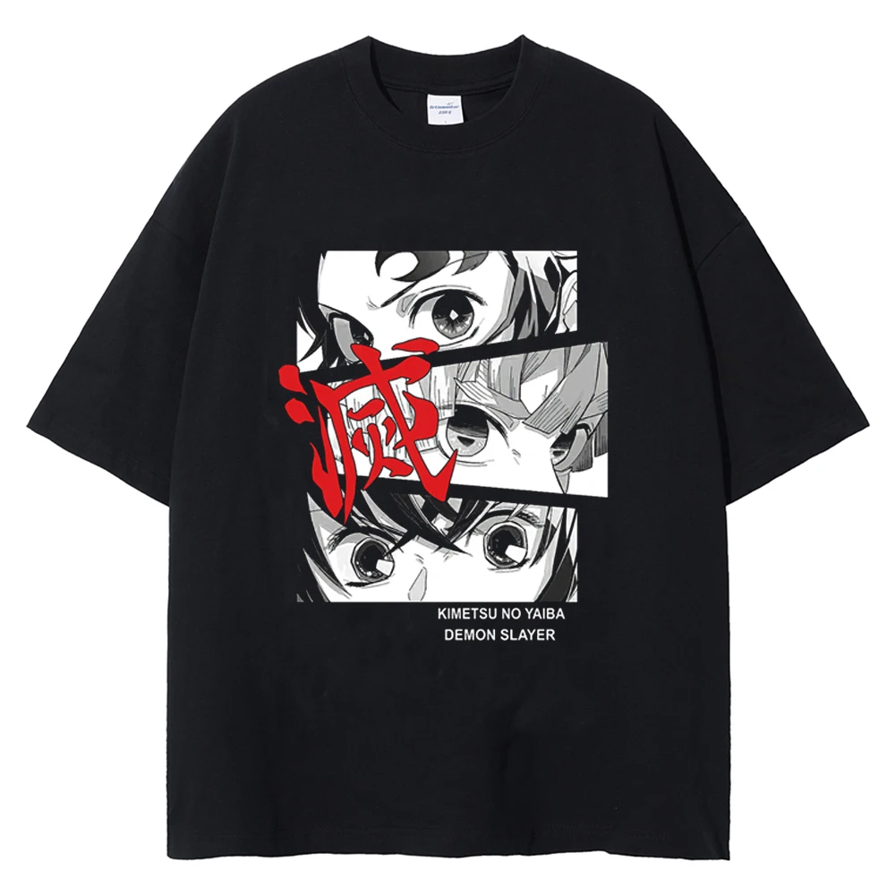 Hip Hop Japanese Streetwear Men Black Washed T-Shirt Anime Eye Print T Shirt Summer Short Sleeve Tshirt Harajuku Cotton Tops