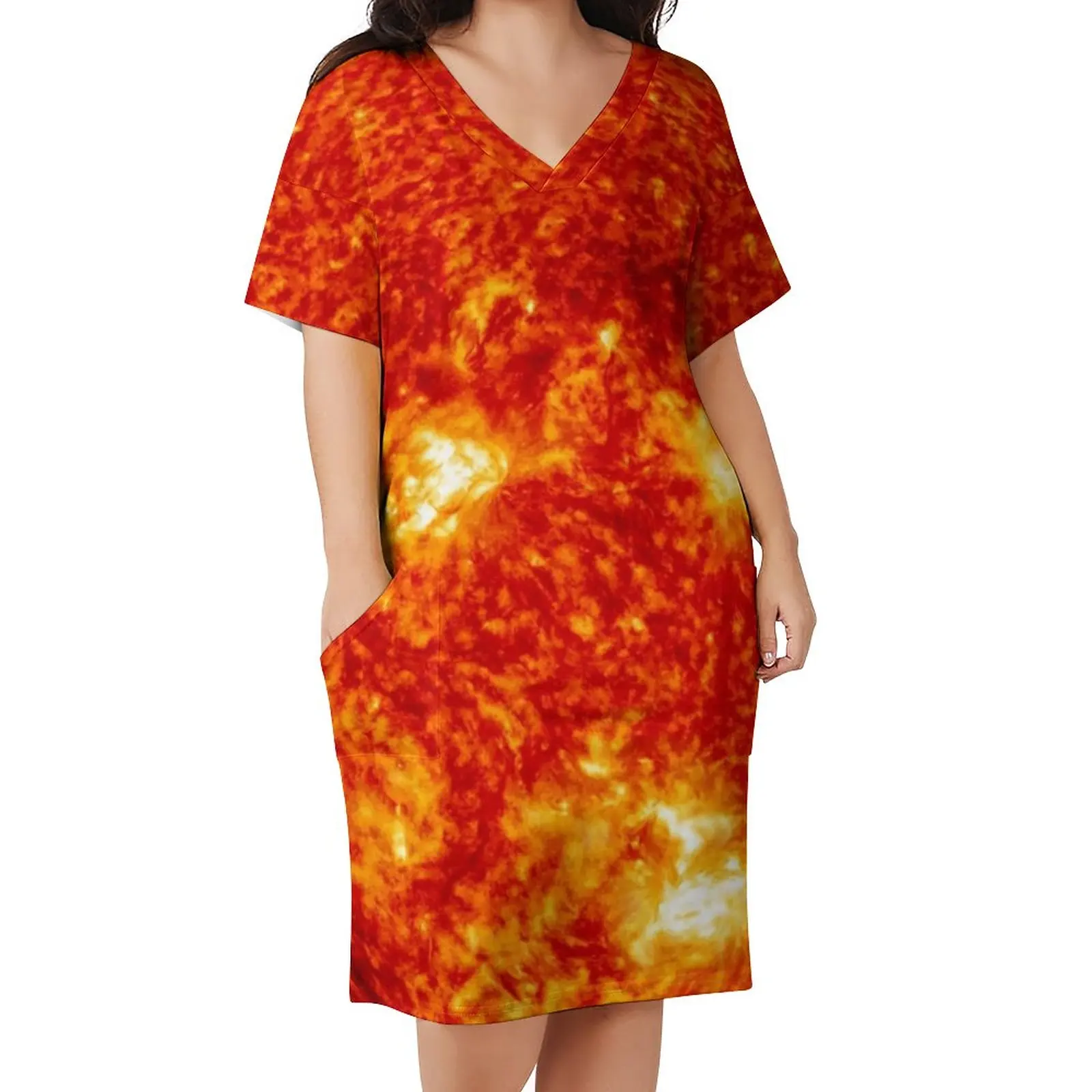 

Sun Print Dress V Neck Red And Yellow Elegant Dresses Women Street Style Print Casual Dress With Pockets Plus Size 4XL 5XL