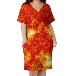 Sun Print Dress V Neck Red And Yellow Elegant Dresses Women Street Style Print Casual Dress With Pockets Plus Size 4XL 5XL