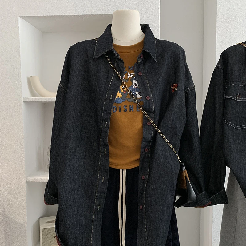 التلبيب المخملية المرأة الدنيم سترة الخريف الشتاء موضة كم طويل فضفاض معطف دافئ منتصف طول الإناث ملابس خارجية سميكة القمم #4